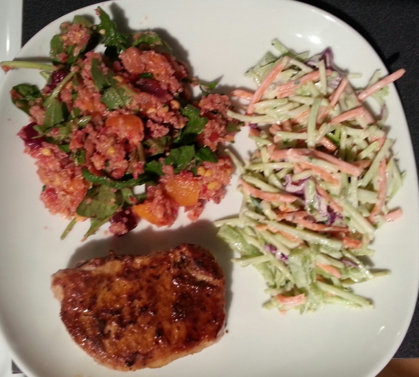 Roasted fall vegetable and quinoa salad with pork tenderloin steak and broccoli slaw